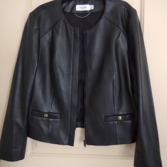 Coach Lamb Leather Black Jacket Zipper front Sz 12